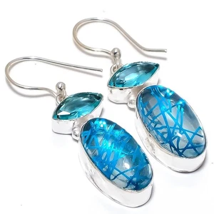 Blue Rutilated Quartz Gemstone Handmade 925 Sterling Silver Jewelry Earrings - Picture 1 of 9