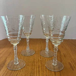 Libbey Rock Sharpe Arctic Rose Wine Glasses 4 Set 1940’s Star David Base 7.25” - Picture 1 of 7