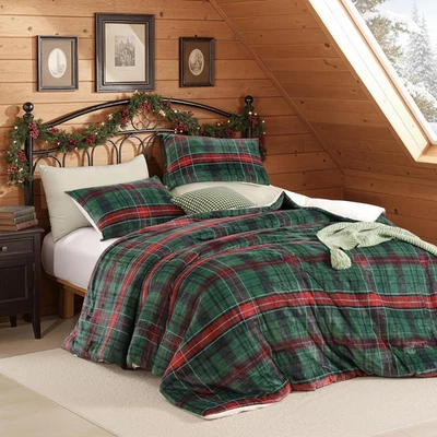 Christmas Queen Comforter Set, Flannel Comforter with Green Plaid, Soft Cozy Fle - Image 1 of 4