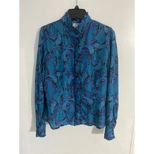 JG Hook button down top women’s size 10 blue paisley silk ruffles vintage retro - Picture 1 of 5