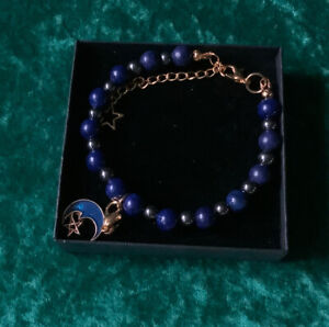 Handmade Lapis Lazuli & Hematite Crystal Bracelet Detachable Moon Charm In Box