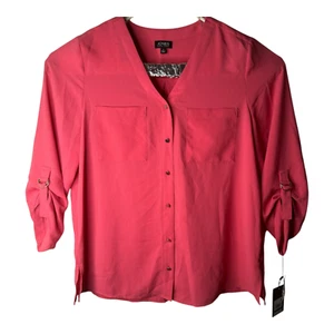 Jones NY V-Neck Button Up Long Sleeve with Roll up Button Size L Pockets - Picture 1 of 5