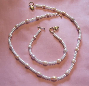 14K Solid Gold CFW Pearl Necklace & Matching Bracelet with Heart Toggle Clasps - Picture 1 of 3