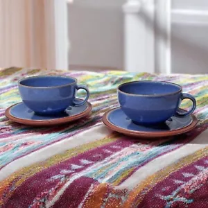 Denby Juice Berry Blue Teacups And Saucers Stoneware England Set Of 2 - Picture 1 of 13