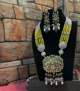 Gold Plated Enameled Polki Kundan Jewelry Set Bollywood Style Pearl Necklace - Picture 1 of 5