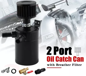 2-Port Baffled Reservoir Black W/Drain Valve Breather Car Oil Catch Can Tank - Foto 1 di 14