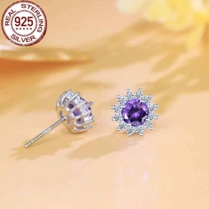 Rundschliff Ohrstecker 925 Sterling Silber Zirkon Lila Schmuck für Damen - Bild 1 von 7