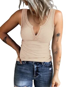 Women's Tank Tops Ribbed V Neck Sleeveless T Shirts Summer Slim Fitted Basic ... - Picture 1 of 3