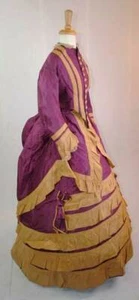 PLUM AND TAN TAFFETA RECEPTION GOWN, 1870’s - Picture 1 of 12