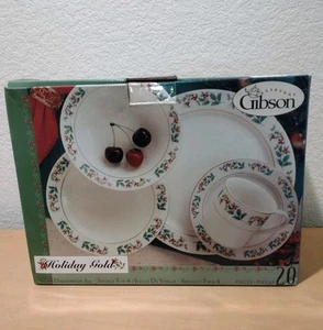 2002 Gibson Holiday Gold Holly Berry 20 Pc Christmas Plate Set Dinner Bowls Cups - Picture 1 of 9