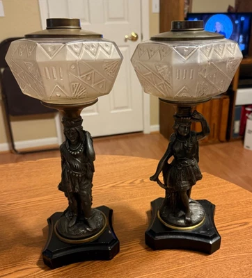 Rare Antique 1870's Figural Native American Indians Matching Pair of Oil Lamps - Image 1 of 4