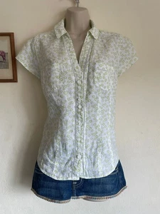 Laura Ashley Floral Green & White linen short sleeve v- neck button Shirt UK 14 - Picture 1 of 6