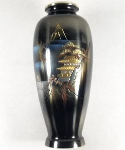 Vaso Giapponese Lucente Smalto Applicato Metallo Dorato Mt Fuji Temple House - Foto 1 di 24