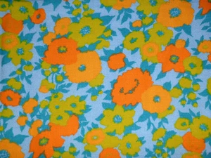 Vtg Flower Power Cotton Blend Fabric Orange Yellow Aqua 41" x 1.25yds +TAIL - Picture 1 of 10