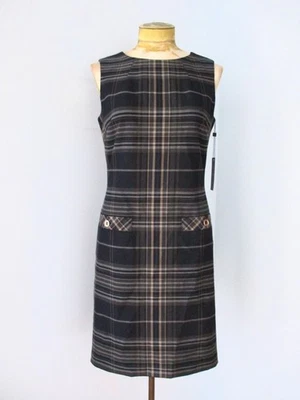 NUEVO CON ETIQUETAS $129 Tommy Hilfiger Negro Beige Cuadros Vestido de Cambio de Carrera Tejido Poli Rayón 6 Foto 1 de 4
