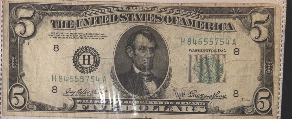 Nota circulada 1950 D moeda dos EUA US$ 5 nota de cinco dólares - Imagem 1 de 2