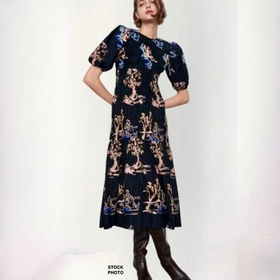 Vestido Zara Edición Limitada Bordado Calado Midi Talla L Negro Floral Asiático Boho Foto 1 de 4