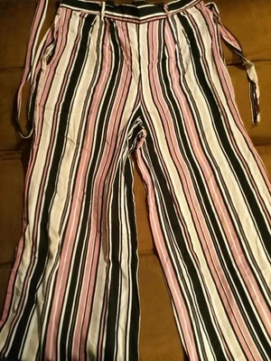 女式粉色和多色宽腿条纹腰带裤子 L 码 — 第 1/3 张图片