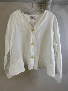 FLAX White Linen Button Front Jacket M Lagenlook V Neck Boxy - Picture 1 of 4