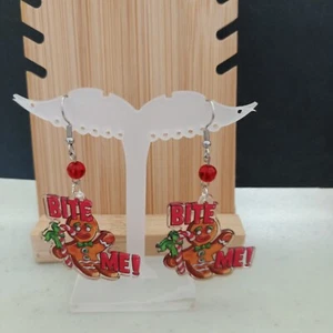 Funny Novelty Christmas BITE ME Dangle Earrings SS Hooks Farm AUS Free Post - Picture 1 of 6