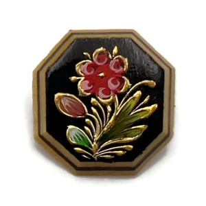 Handcrafted Tiny Octagon Wooden Hand Painted Flower Design Fashion Lapel Pin - Picture 1 of 12