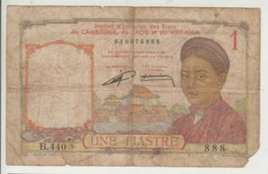 Billete Camboya Laos y Vietnam Indo China Francés emisión 1 piastra serie B440  - Imagen 1 de 2