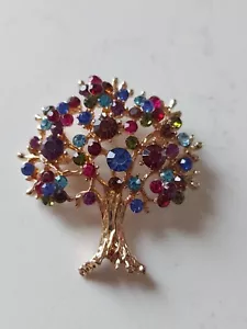 Tree Of Life Brooch / Pendant Gold Tone Multicolour Crystal Rhinestones - Picture 1 of 10