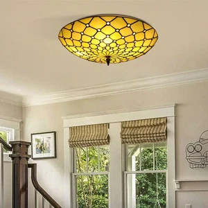 Vintage Style Flush Mount Wide Stained Glass Ceiling Lamp 4-Light Ceiling Light - Picture 1 of 12