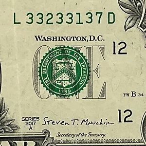 Five Of A Kind 3s Fancy Serial Number 2017A One Dollar Bill L33233137D FW - Picture 1 of 7