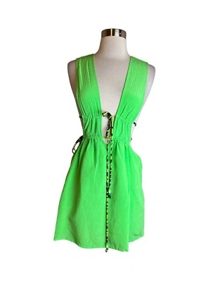 Vestido túnica Vanessa Mooney com cadarço médio verde neon seda - Imagem 1 de 4