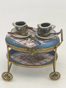 Limoges France Peint a la Main Tea Cart Porcelain Handpainted Trinket Box Hinged - Picture 1 of 9