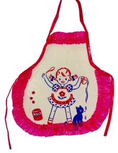 Plastic Doll Apron Little Girl Kitten Baking Red White Blue 1950s Vintage #18 - Picture 1 of 4