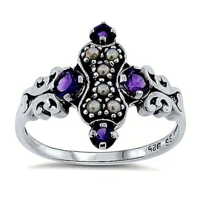 GENUINE AMETHYST & PEARL VICTORIAN ANTIQUE STYLE 925 STERLING SILVER RING   161Z - Image 1 of 4