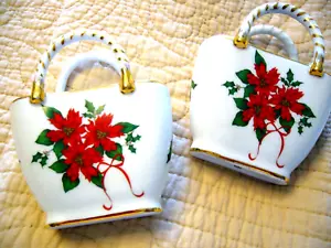 2 kleine Porzellan Nantucket Weihnachtskörbe mit Hollies & Weihnachtsstern 2er Pack - Bild 1 von 5
