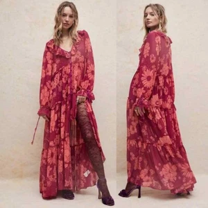 Maxi Vestido Free People Valeria Floral con Botones Frontales Transparentes Mangas Largas XS - Imagen 1 de 8