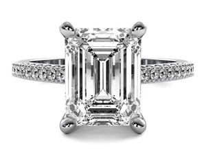 Solitaire Diamonds On Shank 1.87 Ct F VS1 Emerald Cut Lab Grown Diamond Ring 14k - Picture 1 of 5