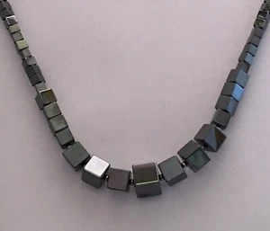 Hematite Square Beads Semi-precious Gemstone Necklace 17.5" 44 cm BN8 - Picture 1 of 6