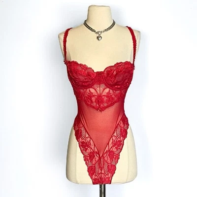 Body Victorias Secret Etiqueta Dorada Rojo Transparente Encaje Malla Romántico De Colección 36B Foto 1 de 4