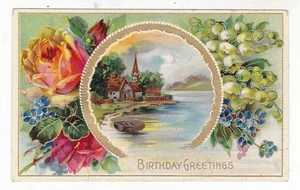 c1910 WOODRUFF KANSAS GEBURTSTAGSGRUSS ROSE LAKE KIRCHE POSTKARTE KS KOCH PARKER - Bild 1 von 2