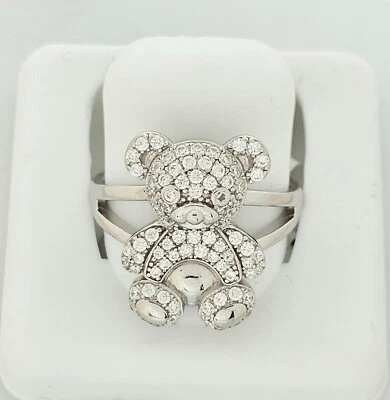 Solid 925 Sterling Silver Sparkling Teddy Bear Ring 3 Dimensional, Size 7 & 8 - Image 1 of 4