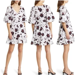 Du Paradis Damen Blumen Baumwolle Popeline Kleid kurze Puffärmel weiß Large - Bild 1 von 7