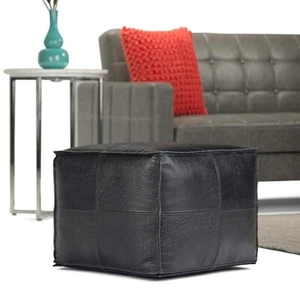 Leather Pouffe Footstool New Unstuffed Boho Genuine Aamazing Black 20'' Moroccan - Picture 1 of 5
