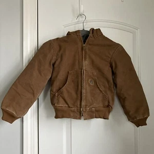 Carhartt Canvas Fleece Lined Hooded Jacket Youth Boys Sz S 6/7 Brown YYJ159 BRN - Picture 1 of 11