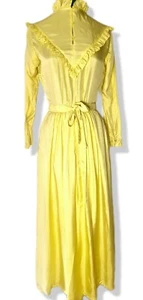 Vintage 1970s Prairie Dress Maxi Yellow High Neck Size 4 6 frills silk rayon 70s - Picture 1 of 12