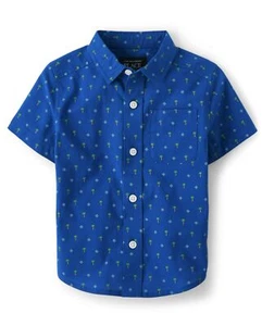 Baby Boys' and Toddler Poplin Short Sleeve Button Down Shirt Blue Palm Geo 5T - Picture 1 of 4