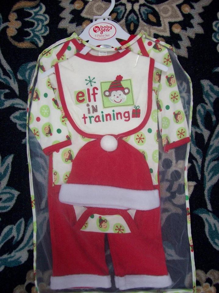 Juego de equipo para bebé 5 piezas Set de Navidad Elfo Reno Unisex 0-3 3-6 6-9 Mos Bolsa de malla Nuevo Foto 1 de 1
