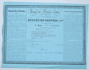 Dépt 44 - Forges de Basse-Indre - Rarissime Action de 5 000 F (182 ex) de 1843 - Picture 1 of 1