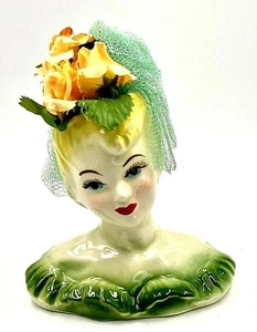 Keramik Frauenkopf Vase blonde Haare grün Kleid Horton 5,25" - Bild 1 von 7