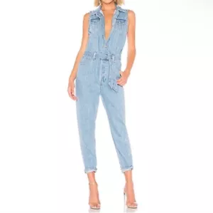 Levi's Cropped Tapered Leg Denim Jumpsuit Light Wash Size Small Button Fly - Picture 1 of 17