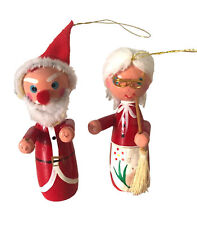 Santa Mrs Claus Erzgebirge Style Wood Painted Christmas Ornaments 3+" Taiwan